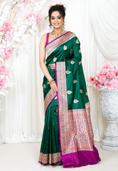 Bottle Green Minakari with Purple Border Kadwa Katan Pure Silk Saree With Blouse Piece - Adi Akshoy & Co.