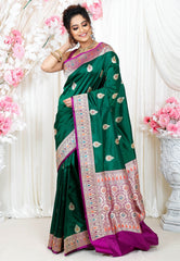 Bottle Green Minakari with Purple Border Kadwa Katan Pure Silk Saree With Blouse Piece - Adi Akshoy & Co.