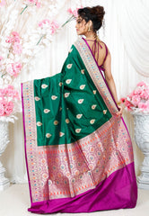 Bottle Green Minakari with Purple Border Kadwa Katan Pure Silk Saree With Blouse Piece - Adi Akshoy & Co.