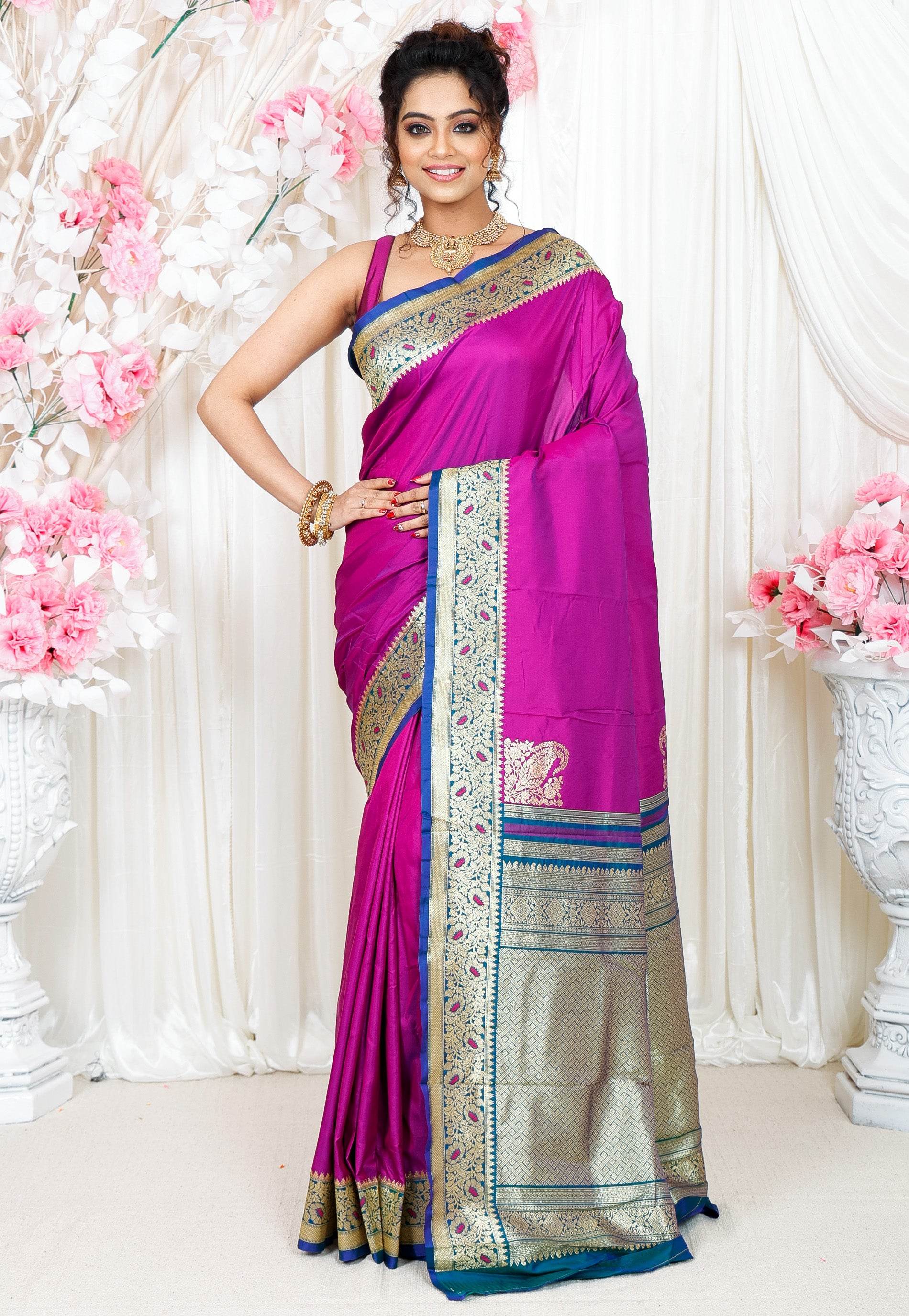 Magenta with Peacock Blue Border Kanjivaram Silk Saree With Blouse Piece - Adi Akshoy & Co.