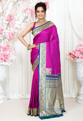 Magenta with Peacock Blue Border Kanjivaram Silk Saree With Blouse Piece - Adi Akshoy & Co.