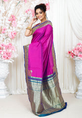 Magenta with Peacock Blue Border Kanjivaram Silk Saree With Blouse Piece - Adi Akshoy & Co.