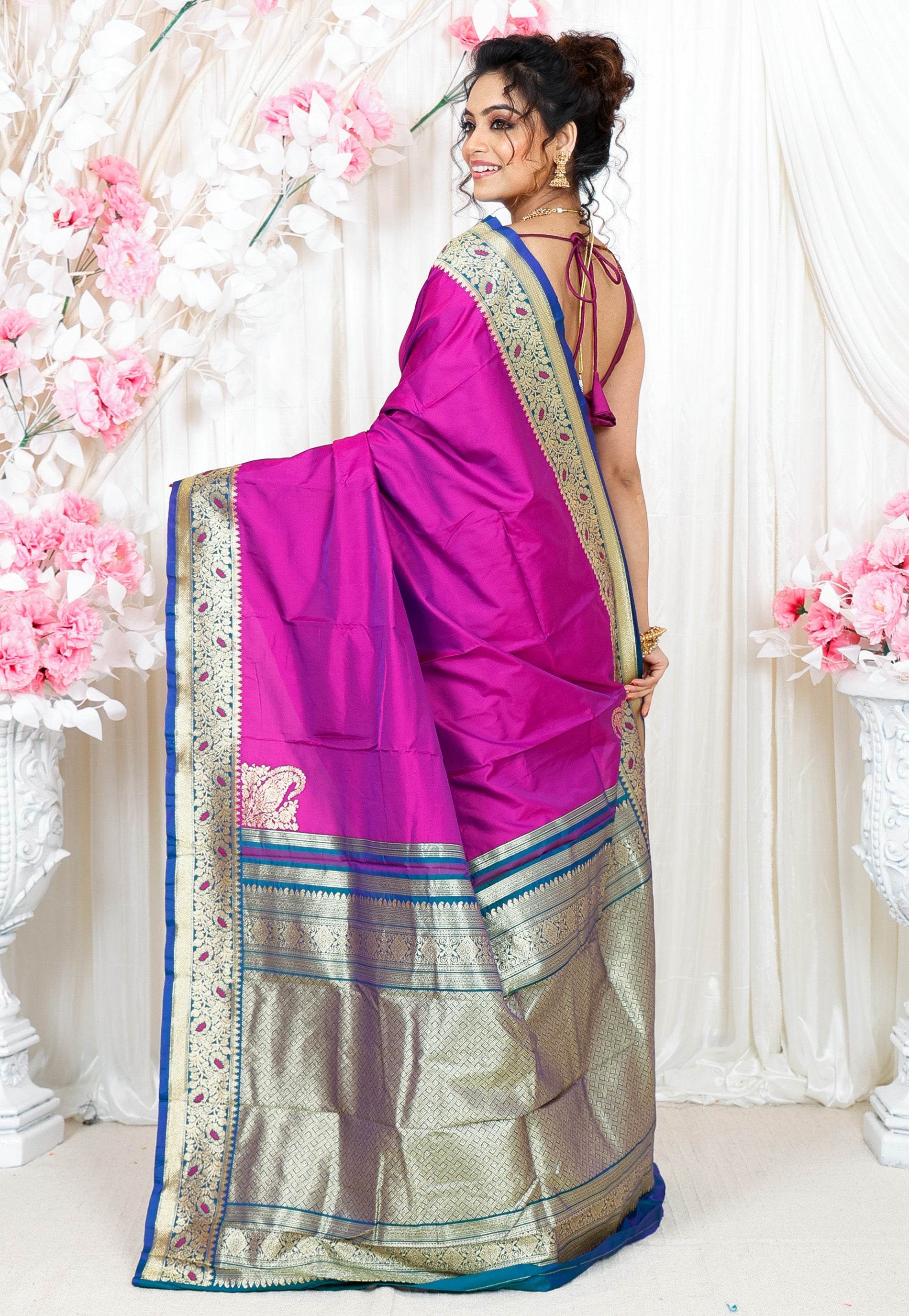 Magenta with Peacock Blue Border Kanjivaram Silk Saree With Blouse Piece - Adi Akshoy & Co.