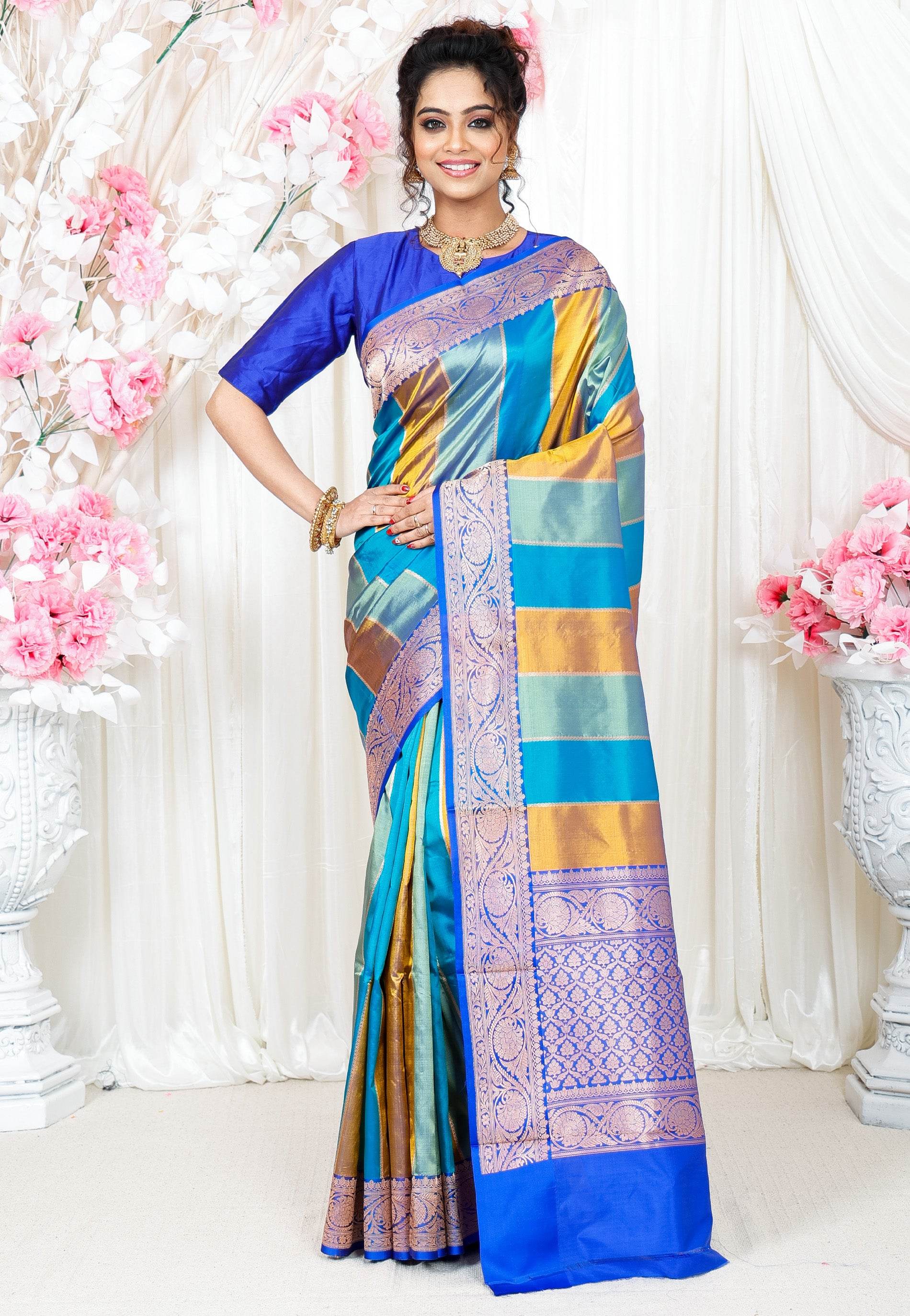 Multicolor Kadwa Katan Pure Silk Saree With Blouse Piece - Adi Akshoy & Co.