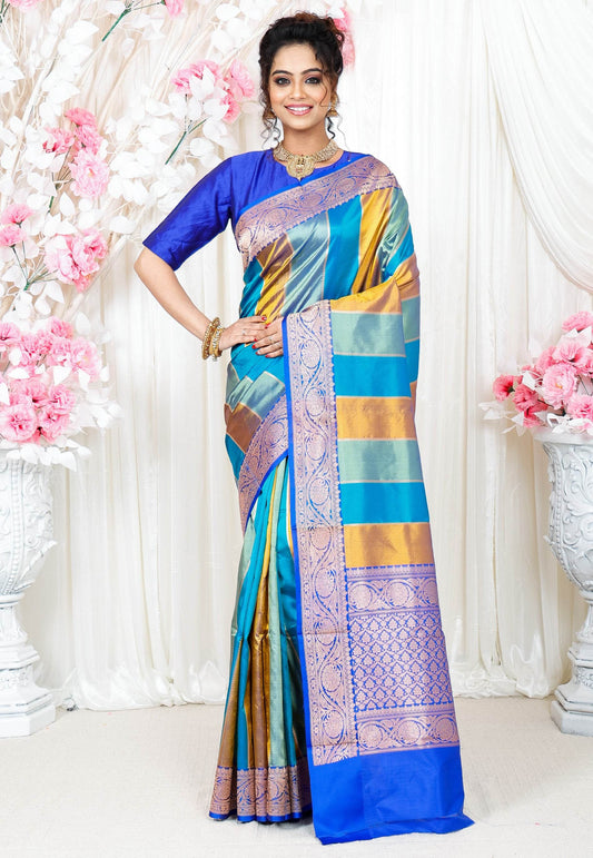 Multicolor Kadwa Katan Pure Silk Saree With Blouse Piece - Adi Akshoy & Co.