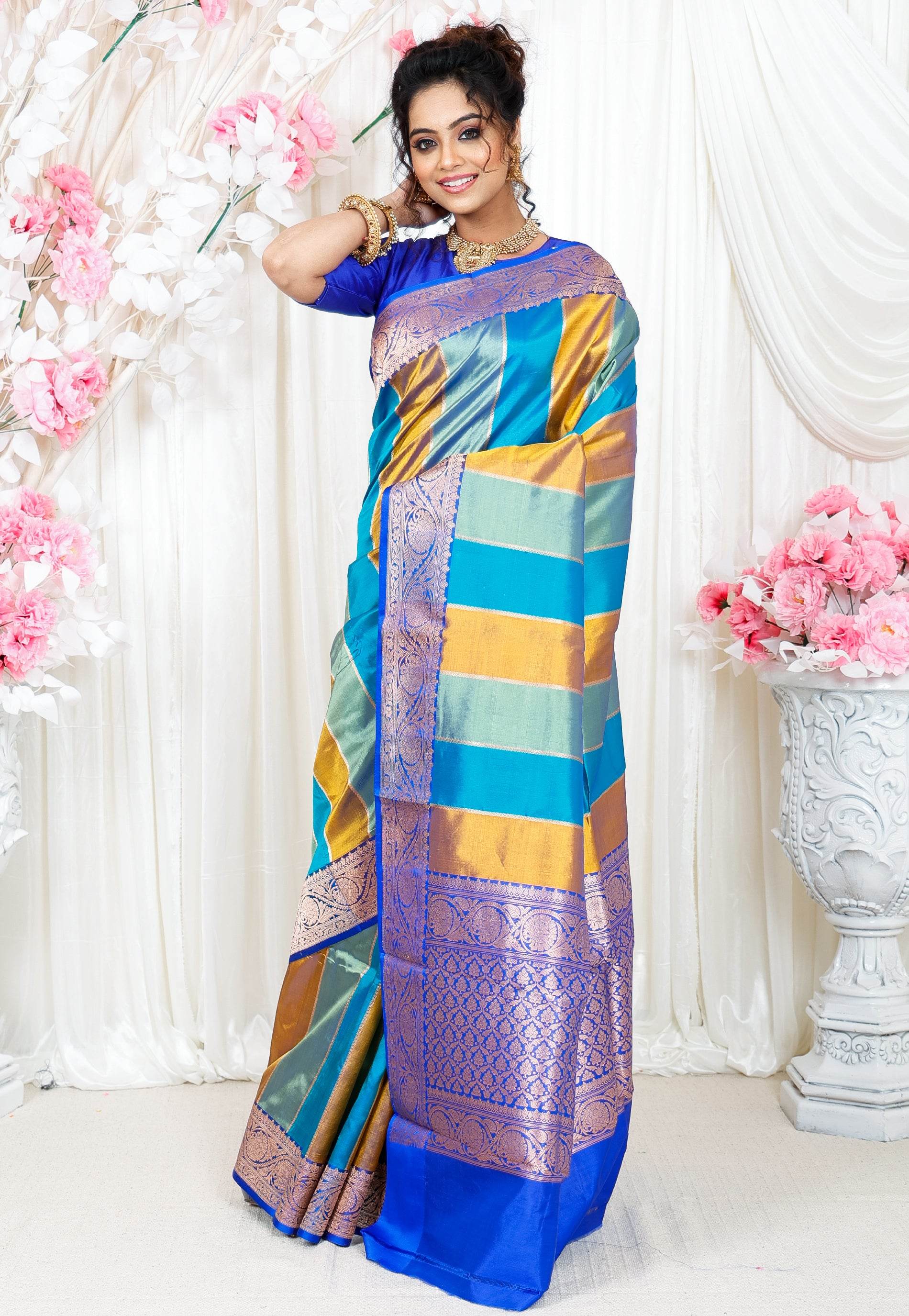 Multicolor Kadwa Katan Pure Silk Saree With Blouse Piece - Adi Akshoy & Co.
