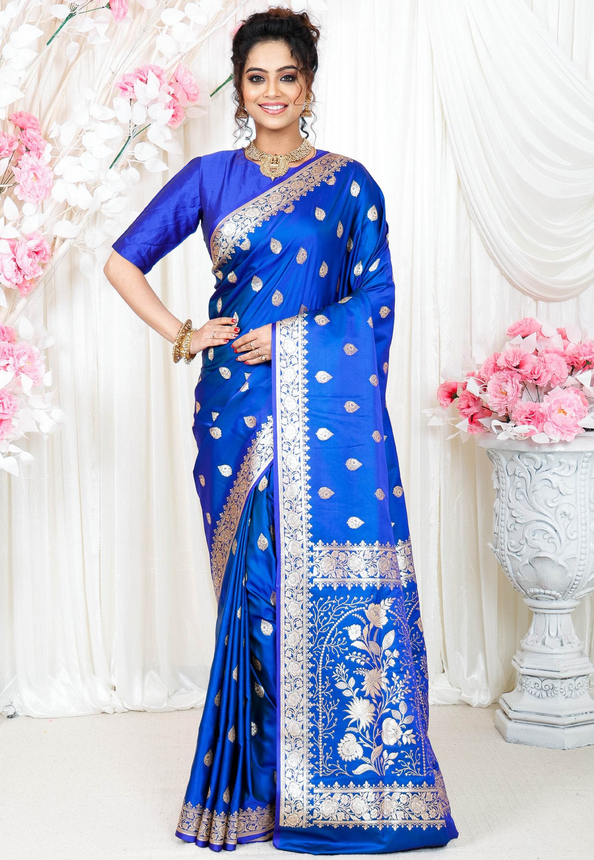 Royal Blue Wedding Banarasi Silk Saree with Blouse Piece - Adi Akshoy & Co.