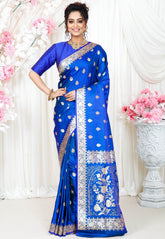 Royal Blue Wedding Banarasi Silk Saree with Blouse Piece - Adi Akshoy & Co.