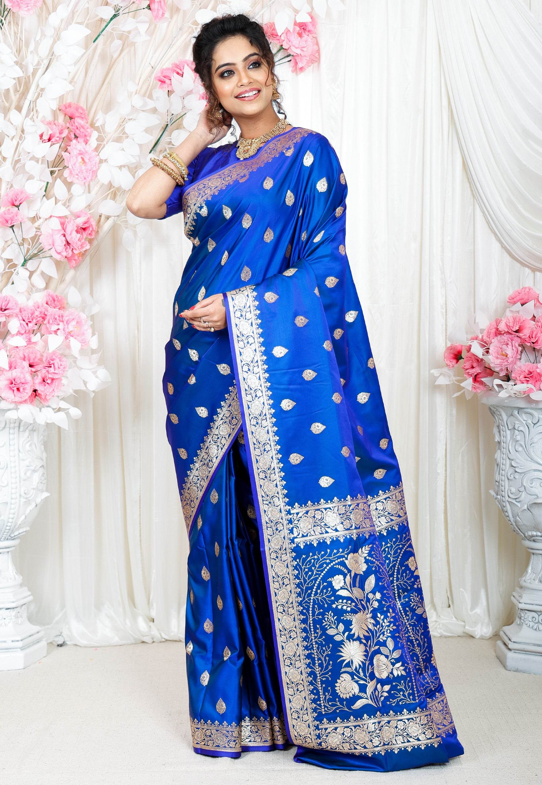 Royal Blue Wedding Banarasi Silk Saree with Blouse Piece - Adi Akshoy & Co.