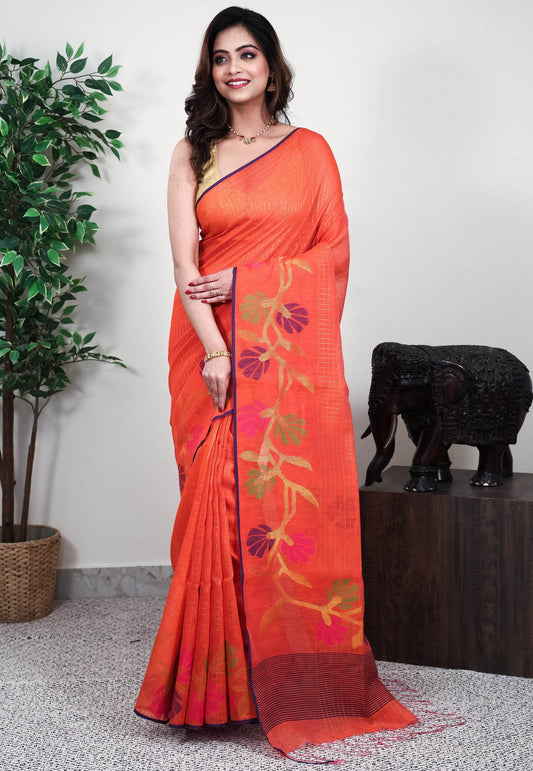 Orange Handloom Saree With Blouse Piece - Adi Akshoy & Co.