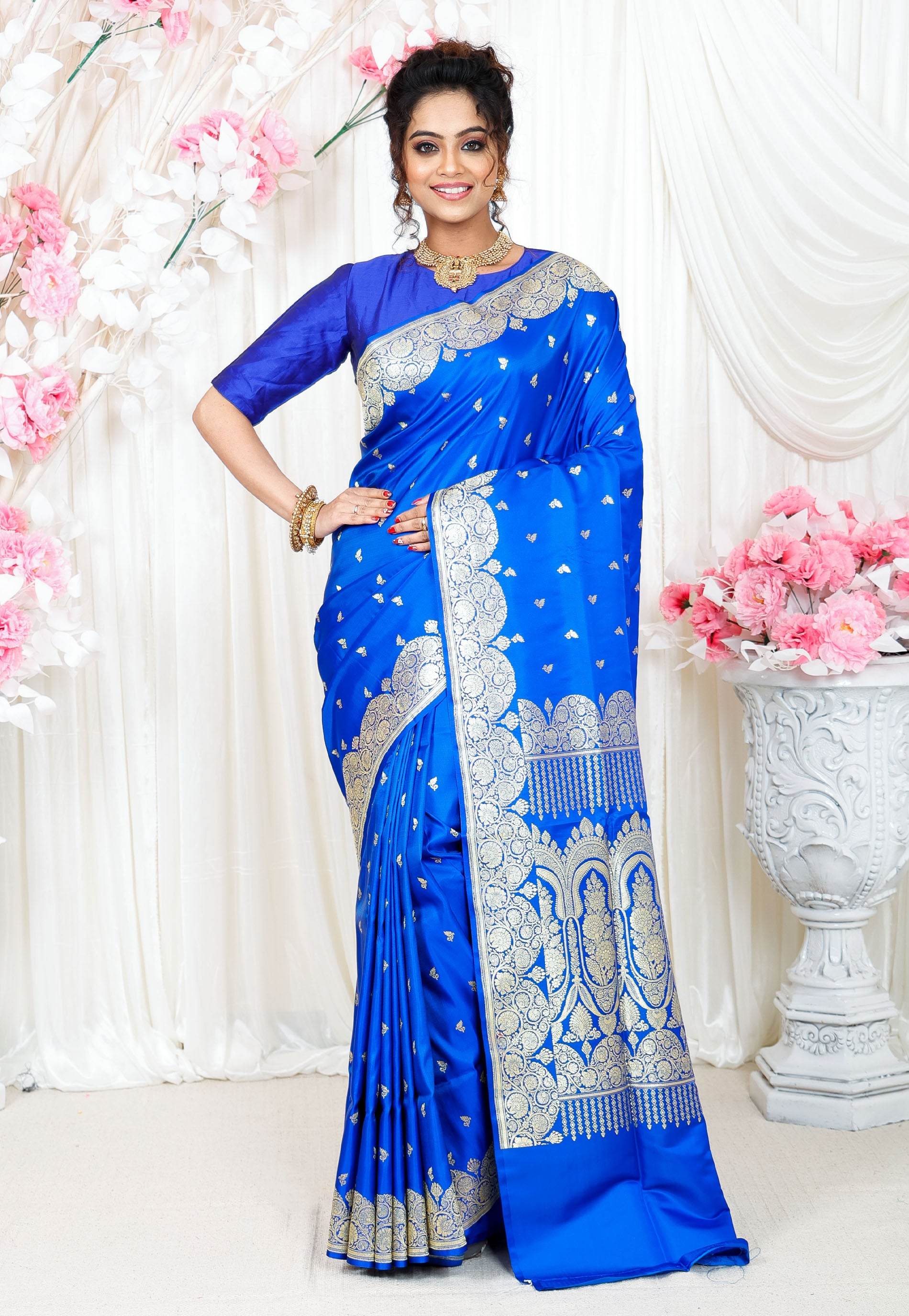 Royal Blue Wedding Banarasi Silk Saree with Blouse Piece - Adi Akshoy & Co.
