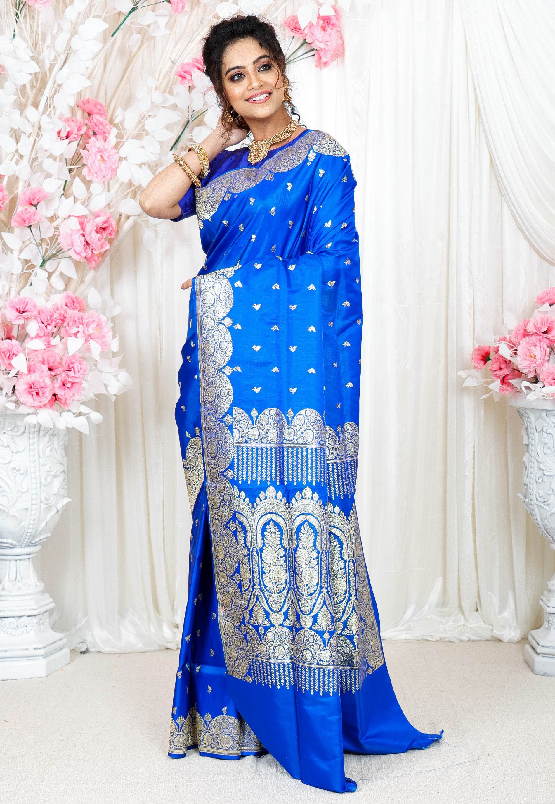 Royal Blue Wedding Banarasi Silk Saree with Blouse Piece - Adi Akshoy & Co.