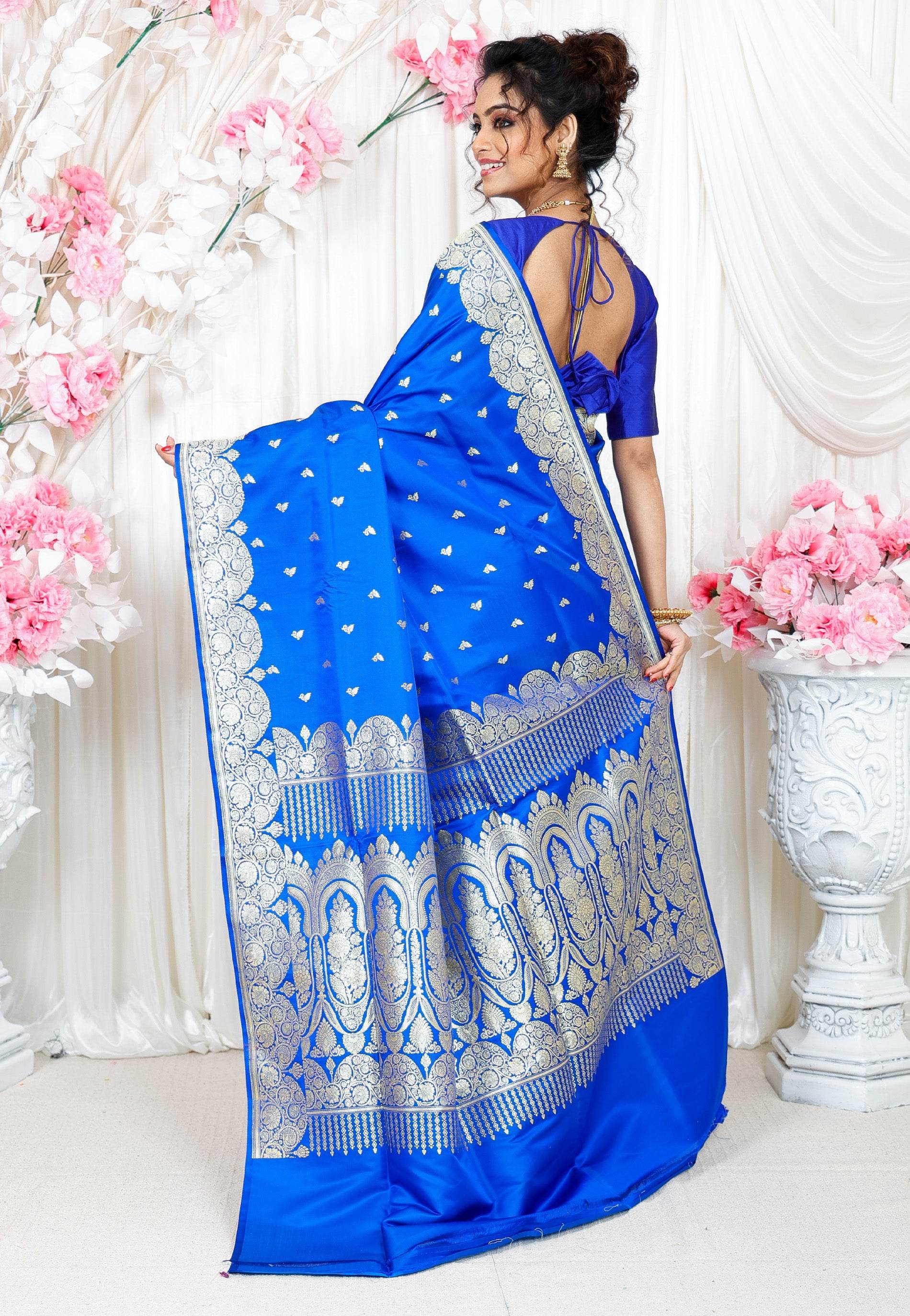 Royal Blue Wedding Banarasi Silk Saree with Blouse Piece - Adi Akshoy & Co.