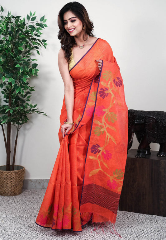Orange Handloom Saree With Blouse Piece - Adi Akshoy & Co.
