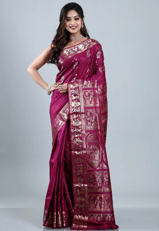 Magenta Baluchari Pure Silk Saree with Blouse Piece - Adi Akshoy & Co.