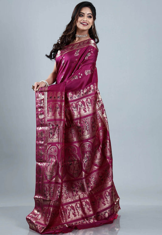 Magenta Baluchari Pure Silk Saree with Blouse Piece - Adi Akshoy & Co.
