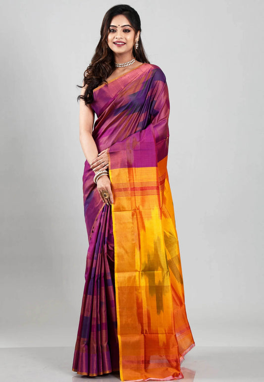 Magenta Ikkat Pure Silk Saree With Blouse Piece - Adi Akshoy & Co.