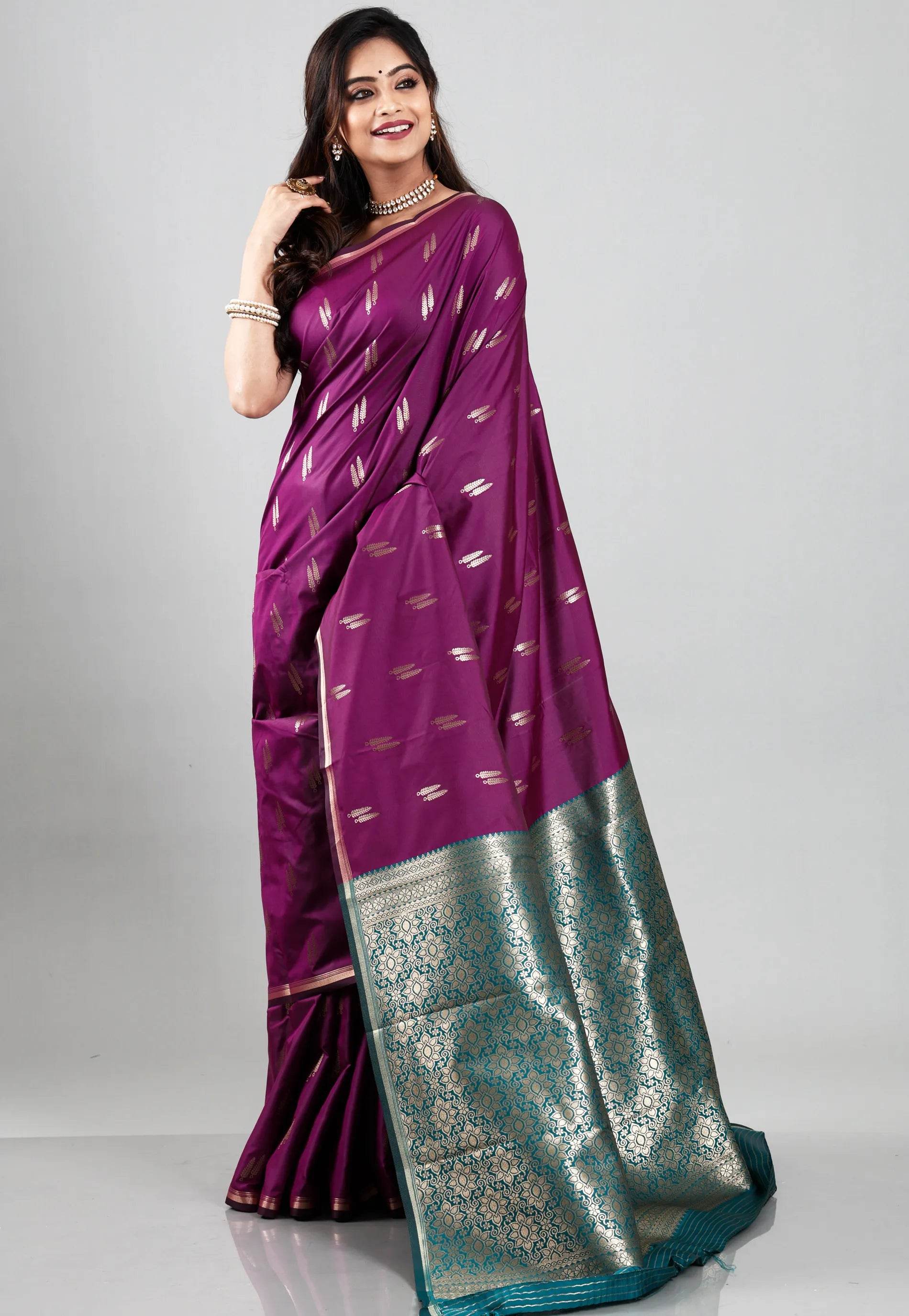 Magenta Kanjivaram Silk Saree With Blouse Piece - Adi Akshoy & Co.