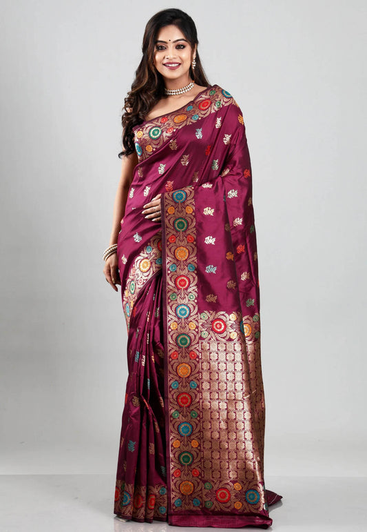 Magenta Minakari Kanjivaram Silk Saree With Blouse Piece - Adi Akshoy & Co.