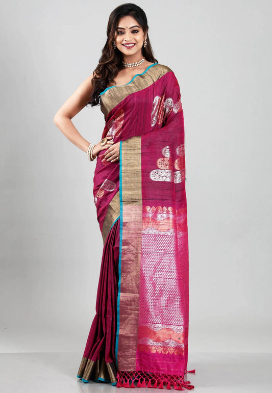 Magenta Tussar Silk Saree with Blouse Piece - Adi Akshoy & Co.