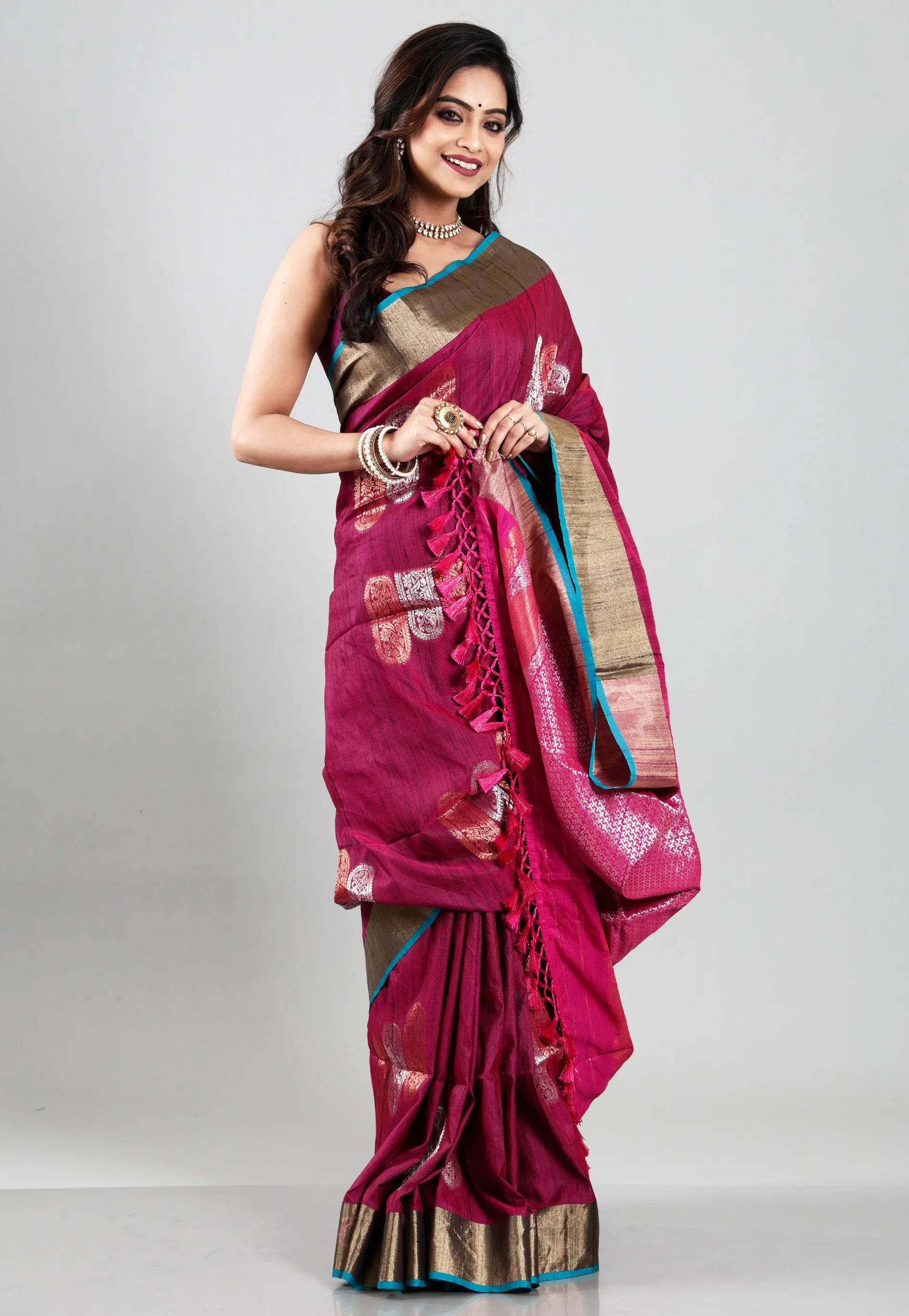 Magenta Tussar Silk Saree with Blouse Piece - Adi Akshoy & Co.