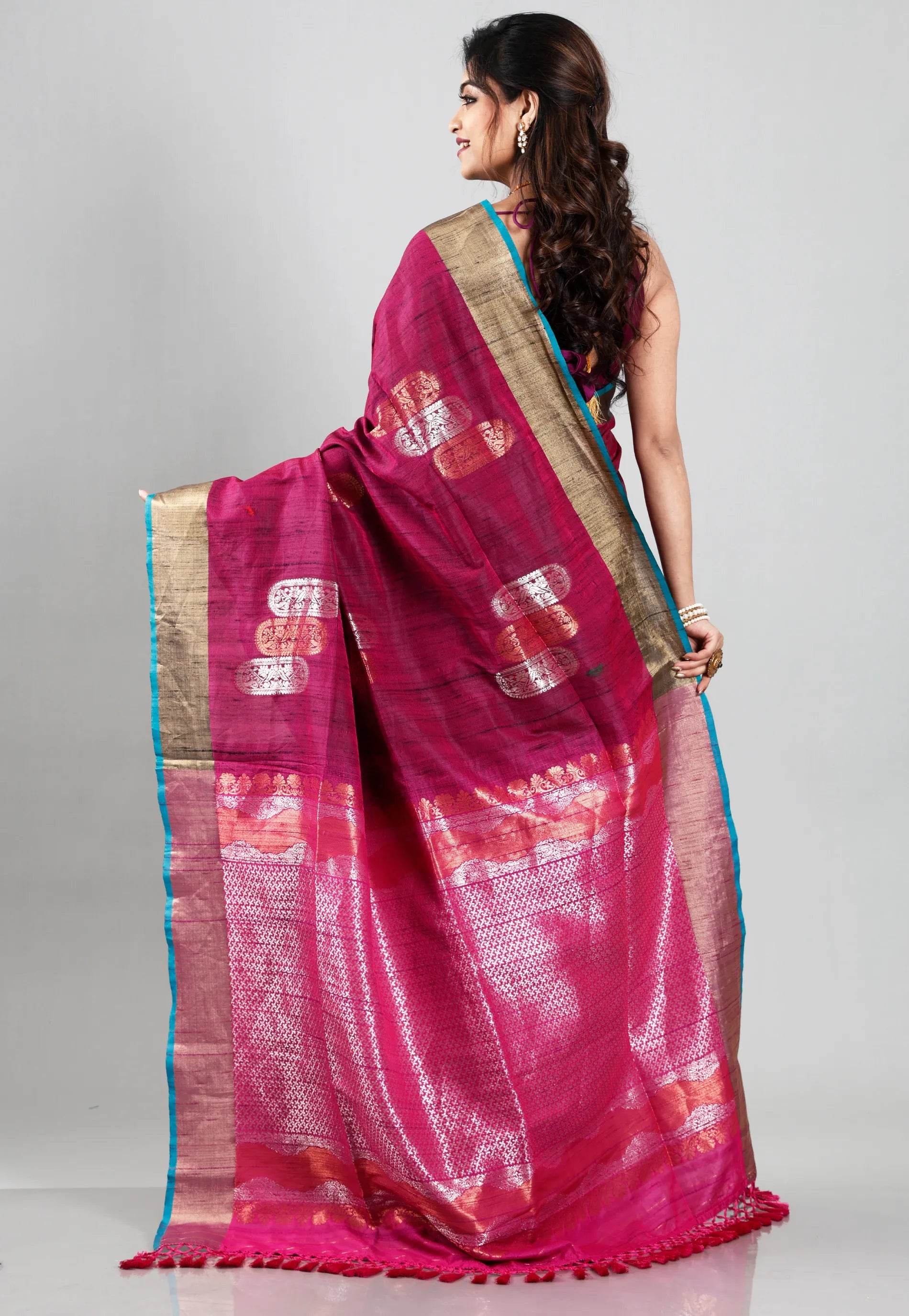 Magenta Tussar Silk Saree with Blouse Piece - Adi Akshoy & Co.