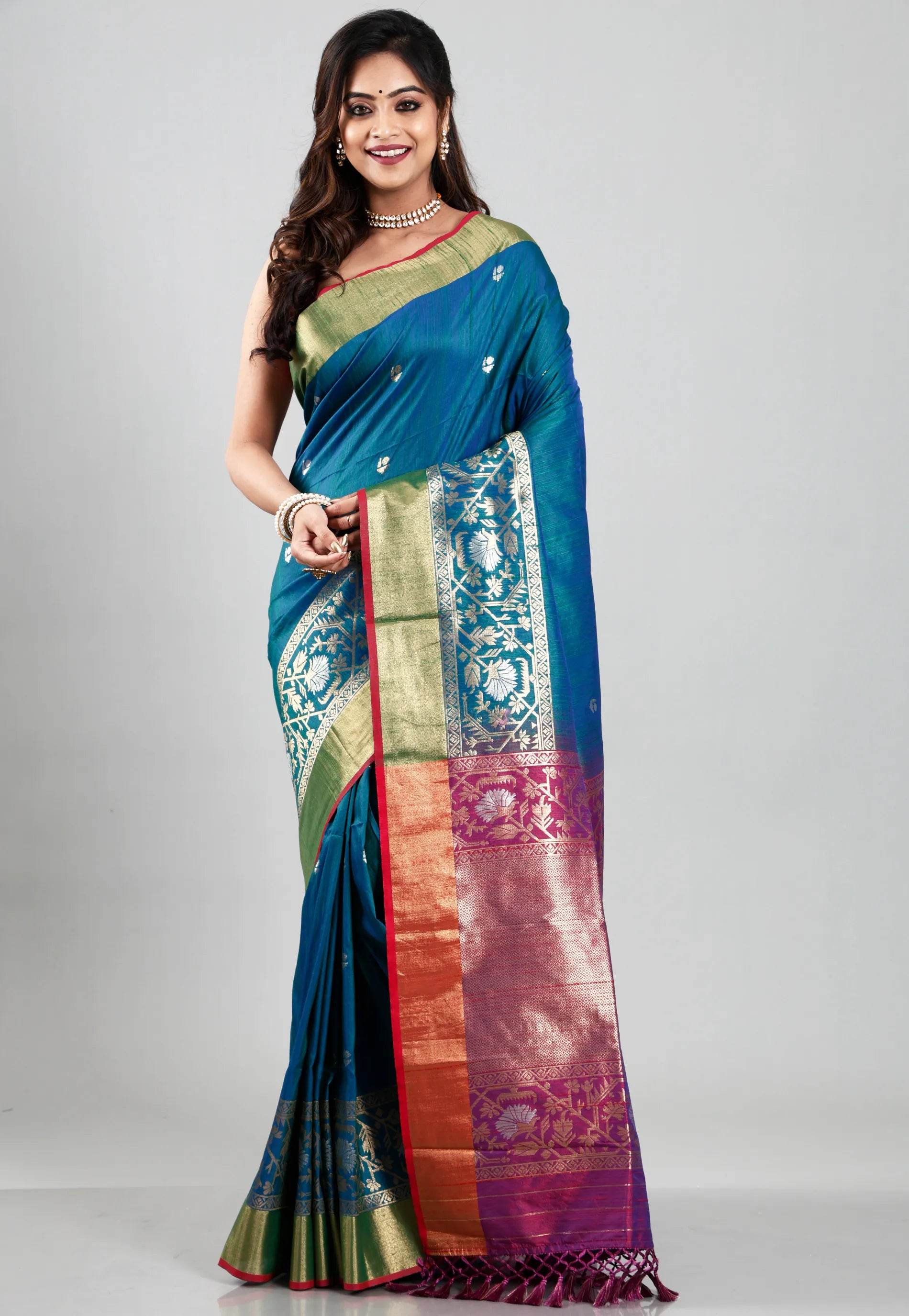 Peacock Blue Tussar Silk Saree with Blouse Piece - Adi Akshoy & Co.