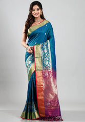 Peacock Blue Tussar Silk Saree with Blouse Piece - Adi Akshoy & Co.