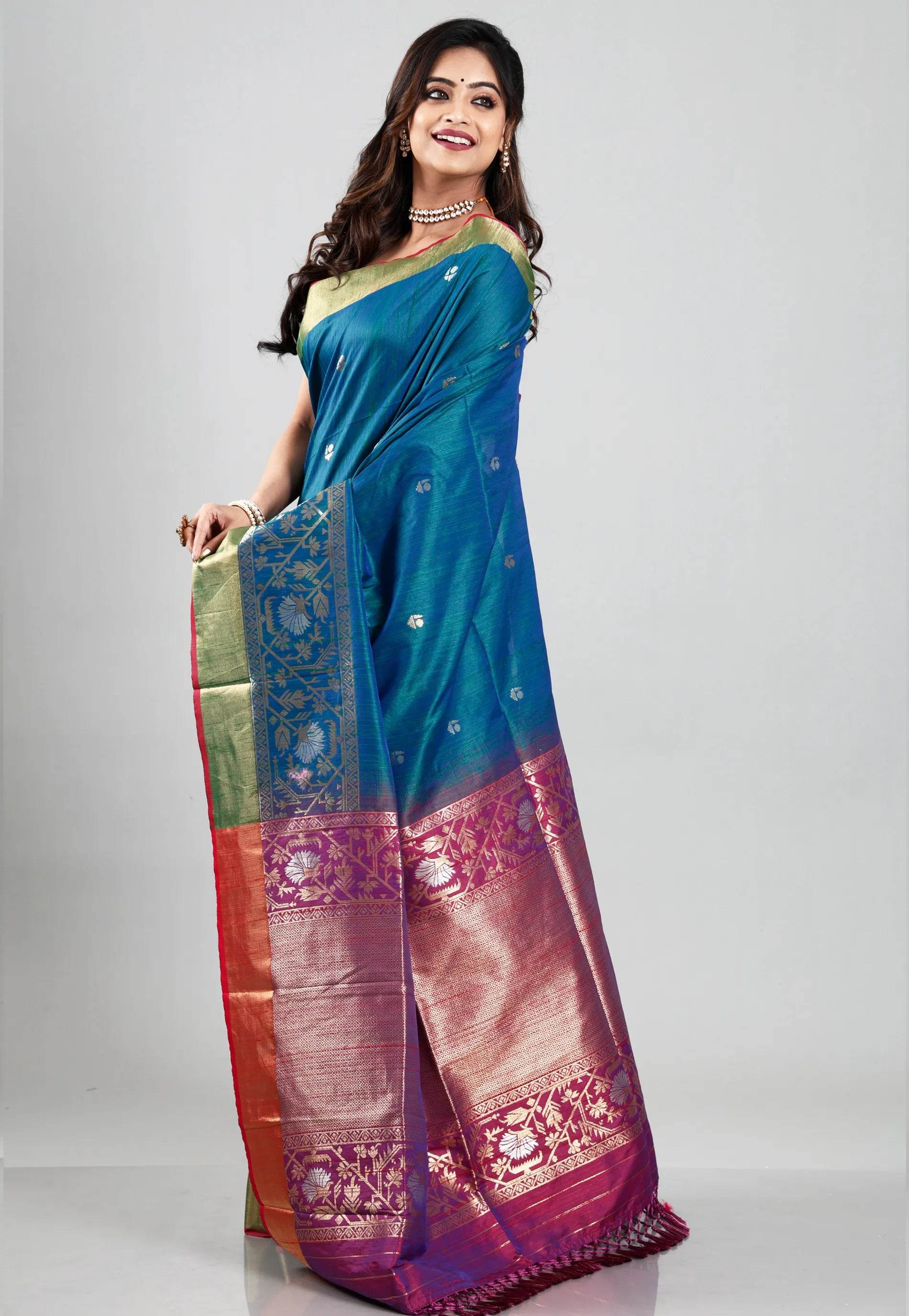 Peacock Blue Tussar Silk Saree with Blouse Piece - Adi Akshoy & Co.