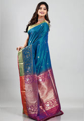Peacock Blue Tussar Silk Saree with Blouse Piece - Adi Akshoy & Co.