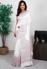 White Matka Handloom Pure Silk Saree With Blouse Piece - Adi Akshoy & Co.