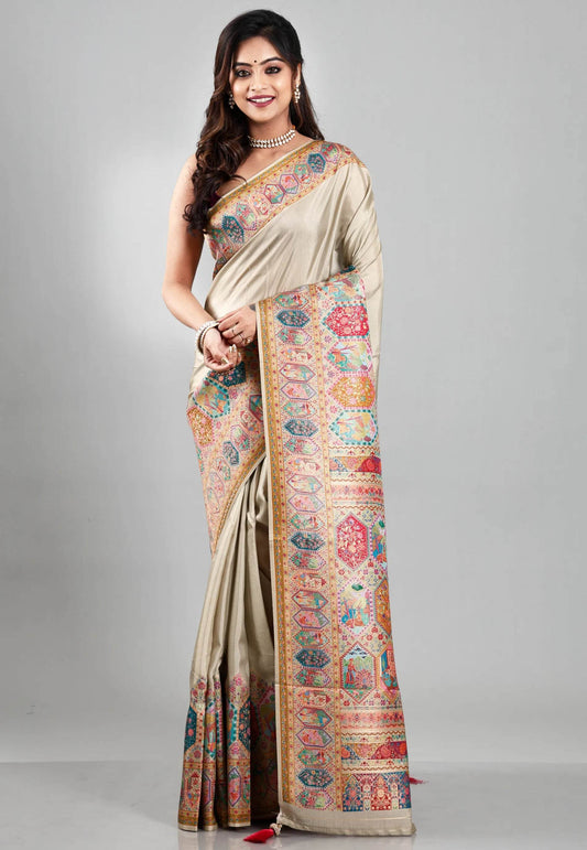 Beige Kani Silk Saree With Blouse Piece - Adi Akshoy & Co.