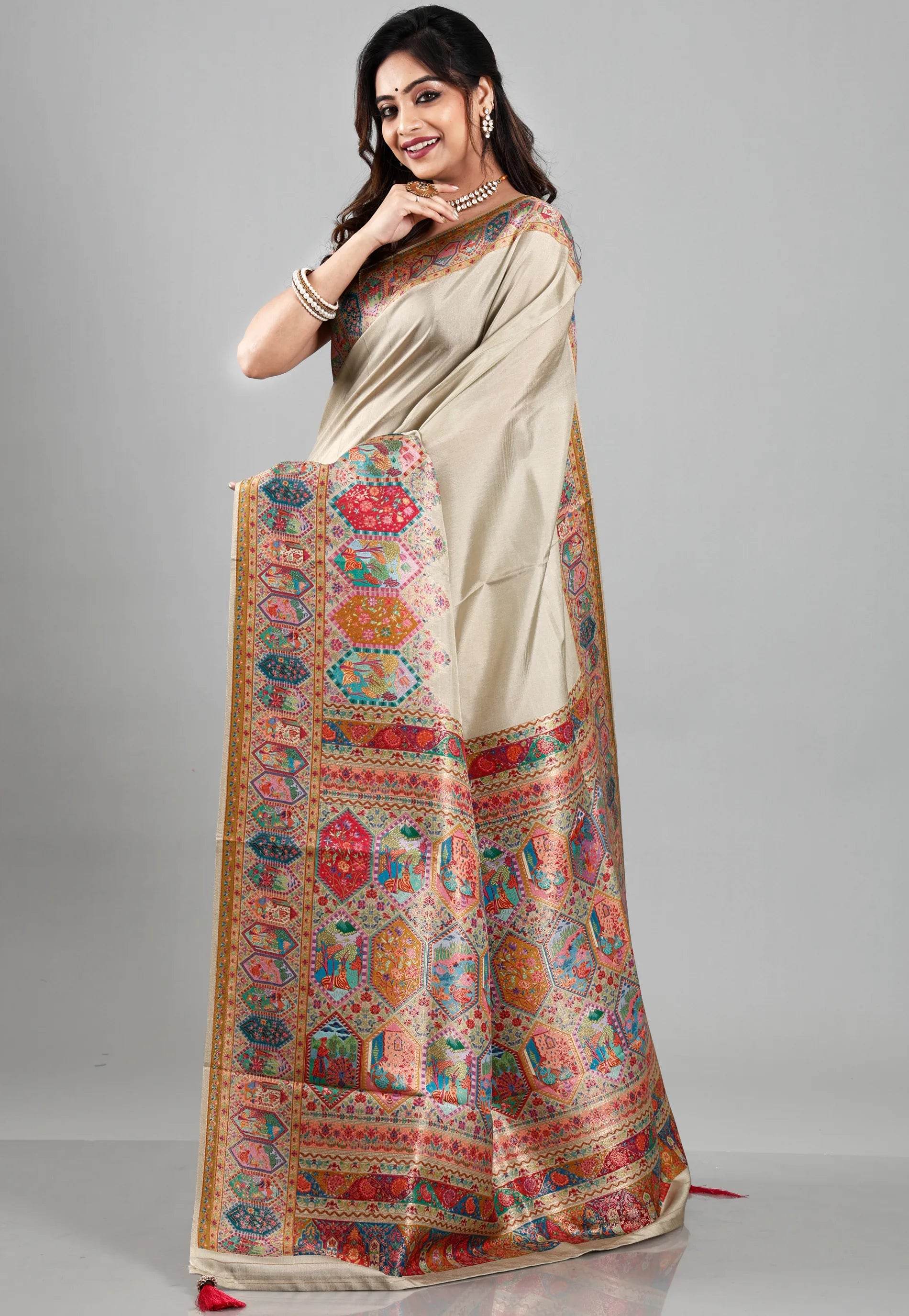 Beige Kani Silk Saree With Blouse Piece - Adi Akshoy & Co.