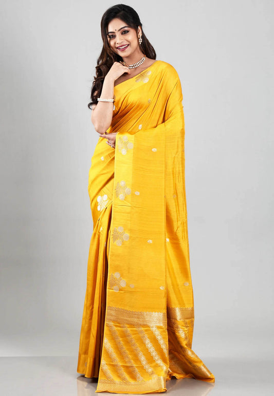 Yellow Katan Silk Saree With Blouse Piece - Adi Akshoy & Co.