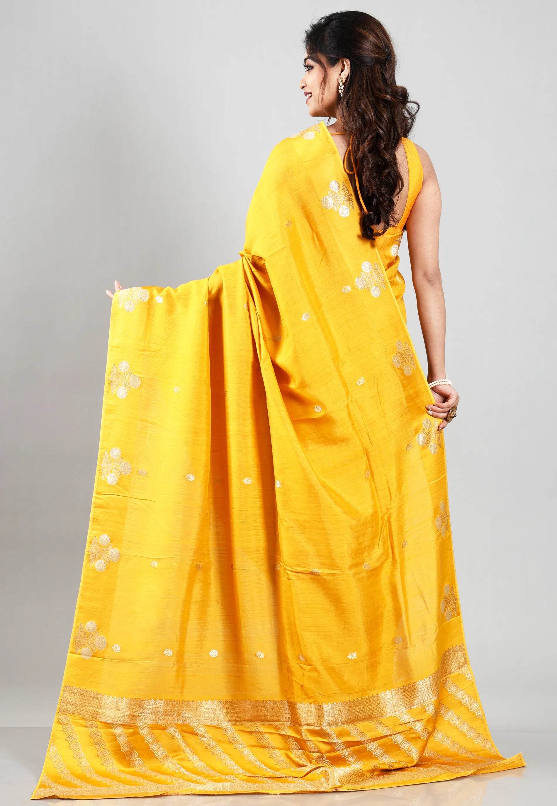 Yellow Katan Silk Saree With Blouse Piece - Adi Akshoy & Co.