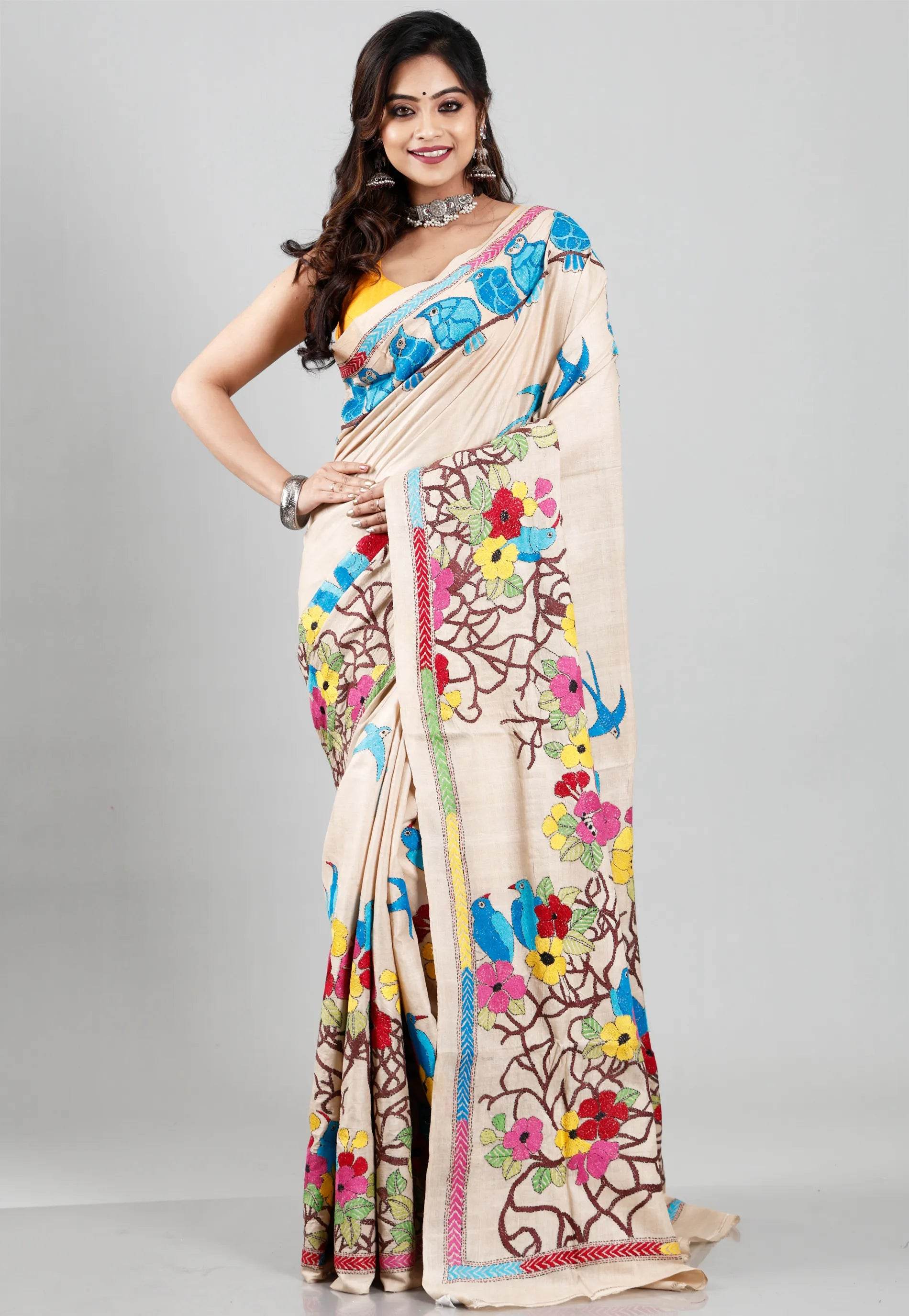 Tussar Colour Pure Tussar Silk Kantha Saree With Blouse Piece - Adi Akshoy & Co.