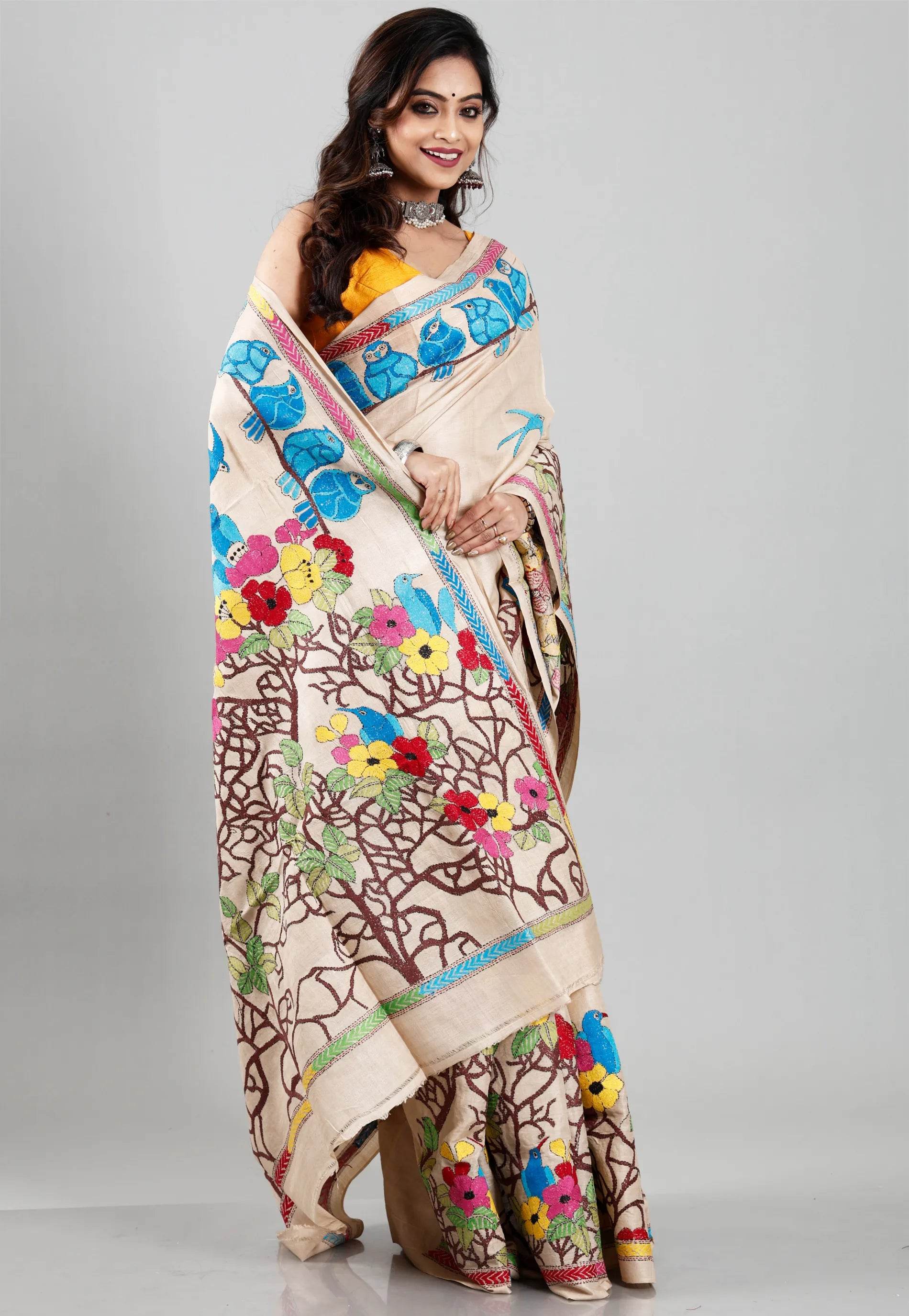 Tussar Colour Pure Tussar Silk Kantha Saree With Blouse Piece - Adi Akshoy & Co.