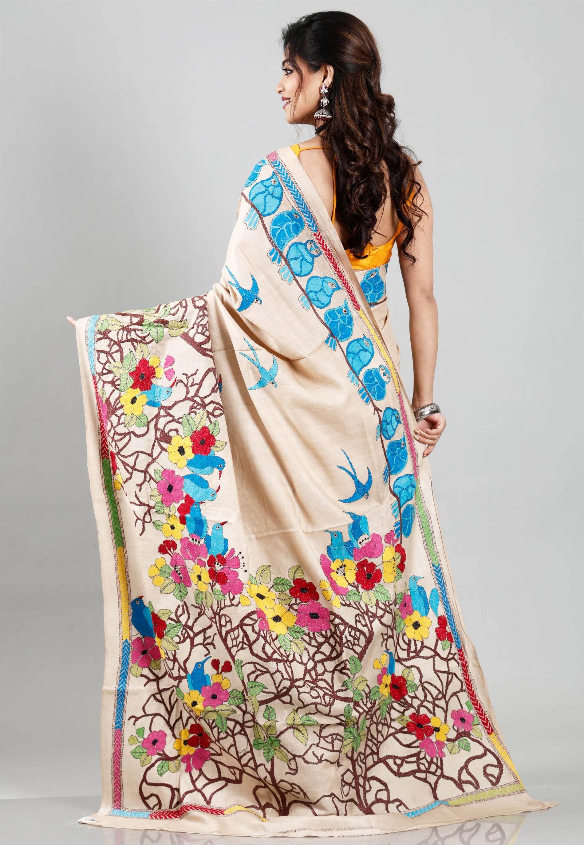 Tussar Colour Pure Tussar Silk Kantha Saree With Blouse Piece - Adi Akshoy & Co.
