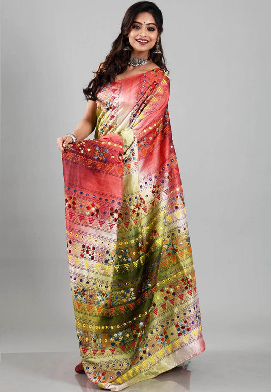 Shaded Colour Pure Tussar Silk Kantha Saree With Blouse Piece - Adi Akshoy & Co.