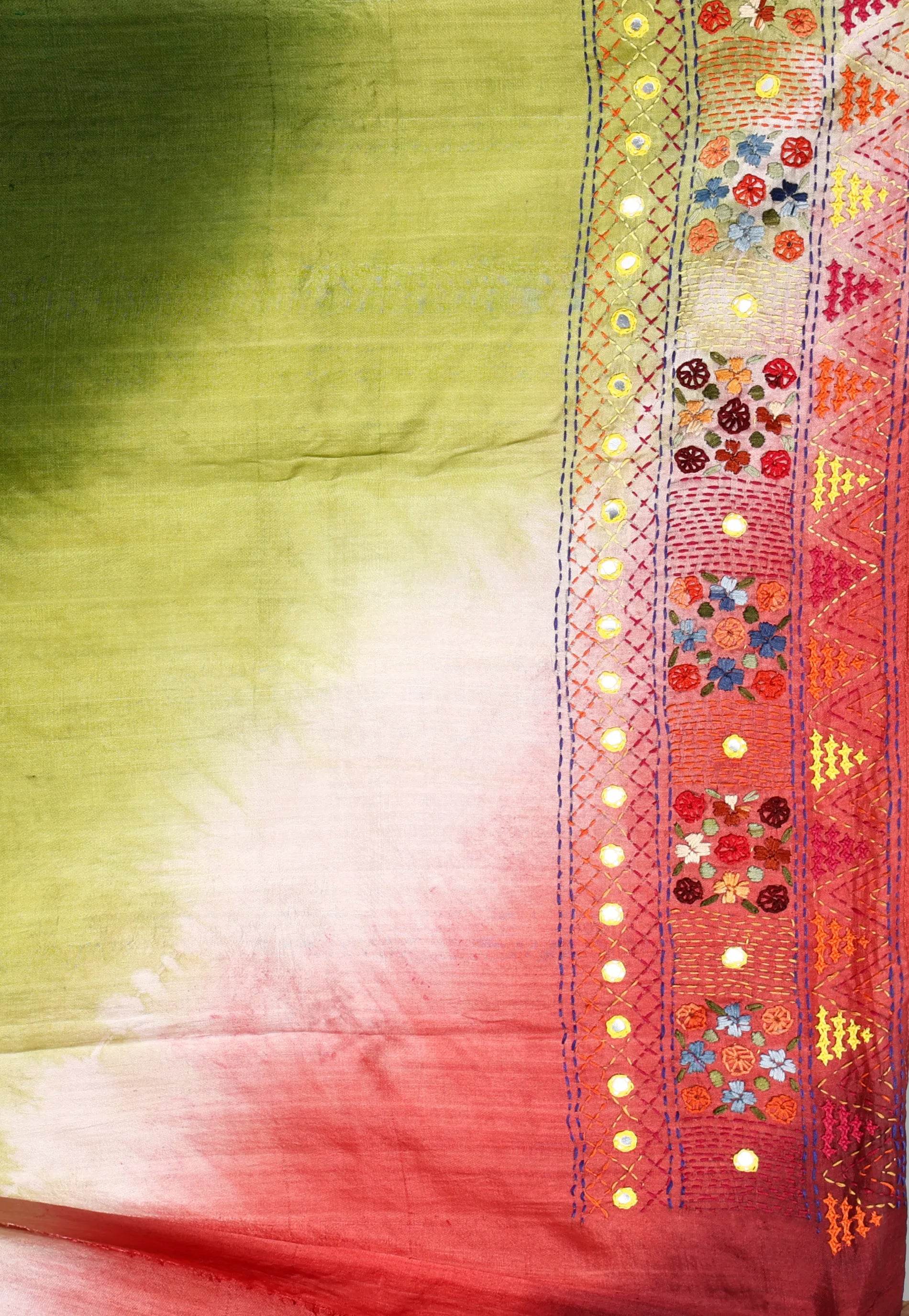 Shaded Colour Pure Tussar Silk Kantha Saree With Blouse Piece - Adi Akshoy & Co.