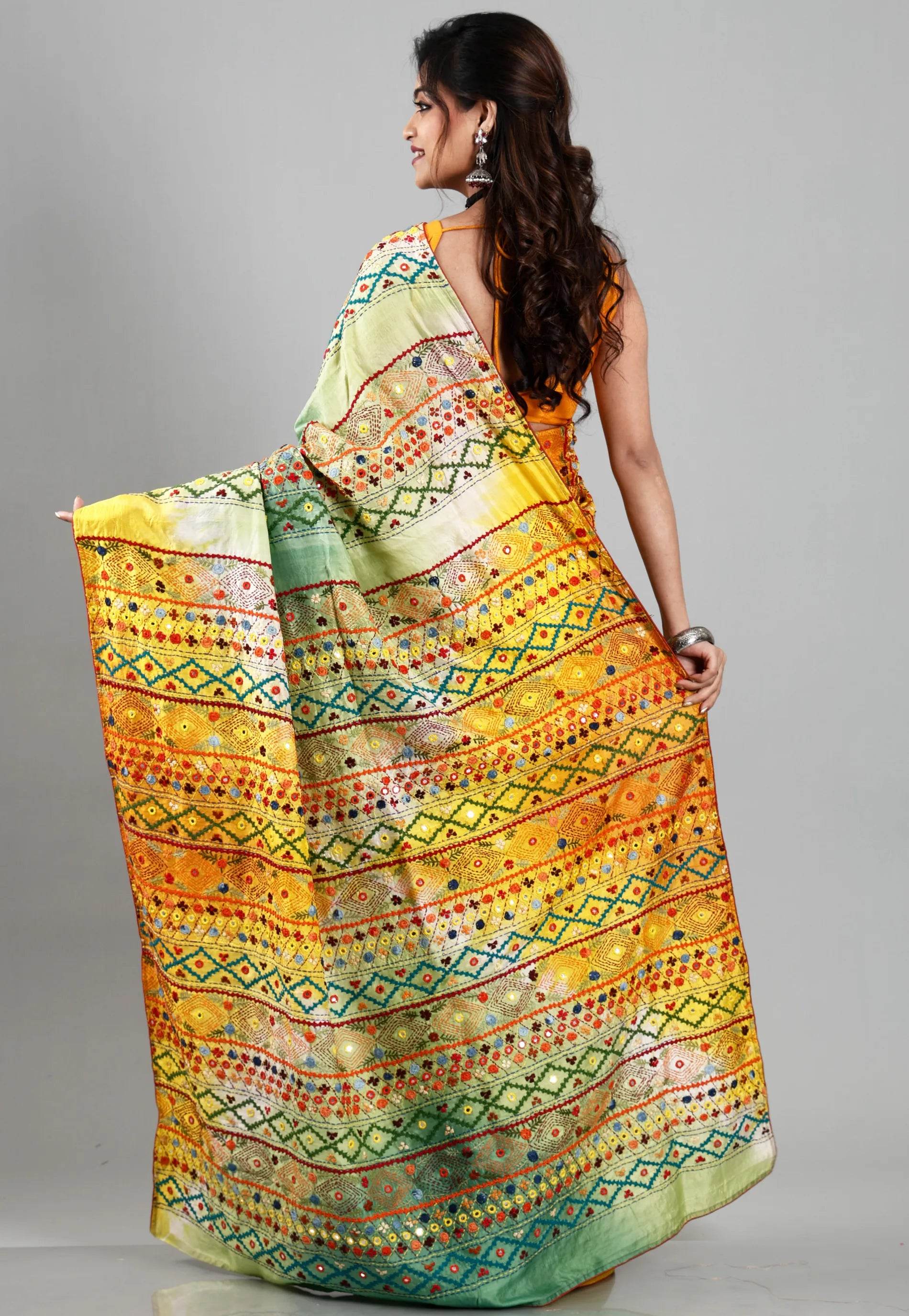 Shaded Colour Pure Tussar Silk Kantha Saree With Blouse Piece - Adi Akshoy & Co.