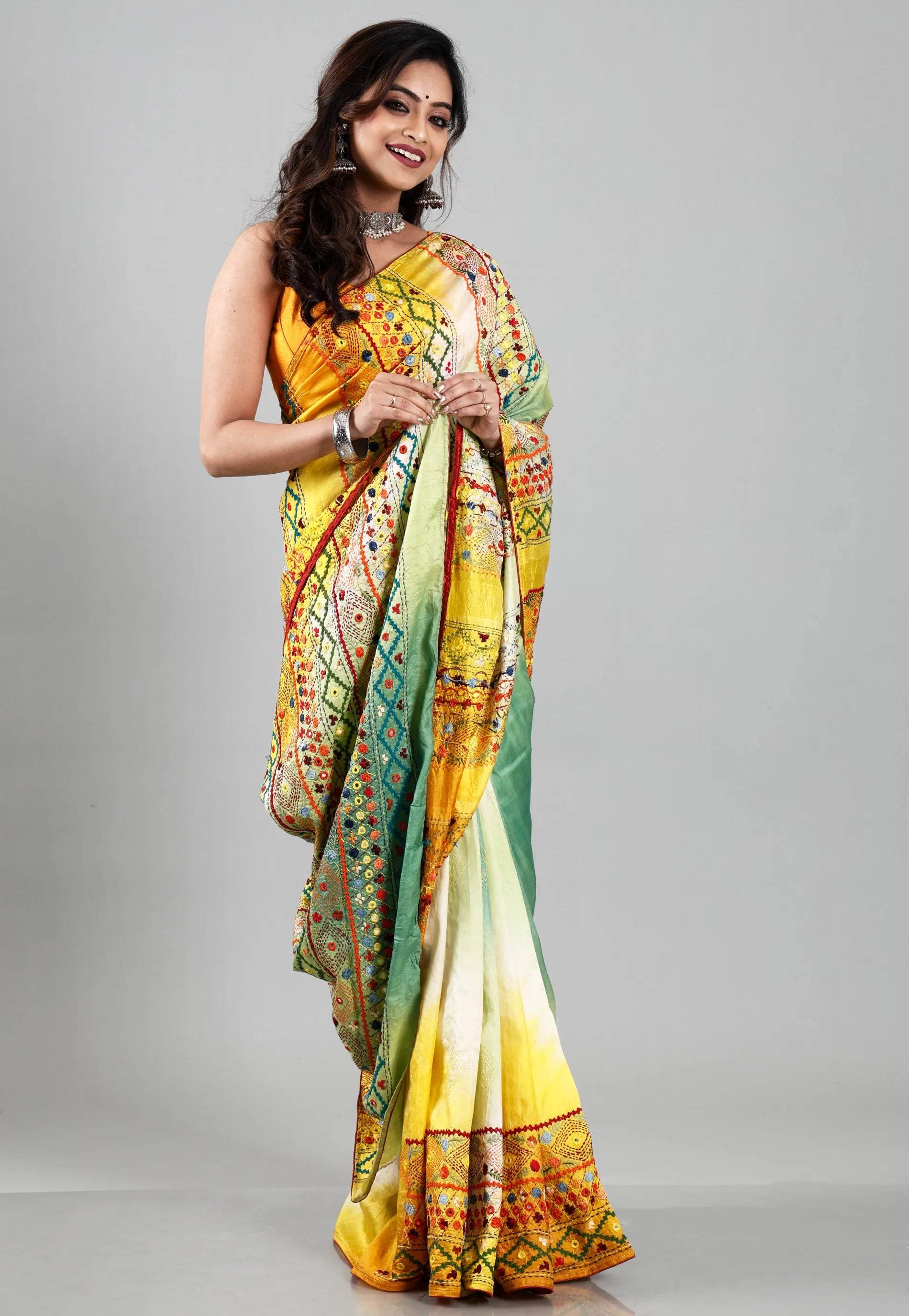 Shaded Colour Pure Tussar Silk Kantha Saree With Blouse Piece - Adi Akshoy & Co.