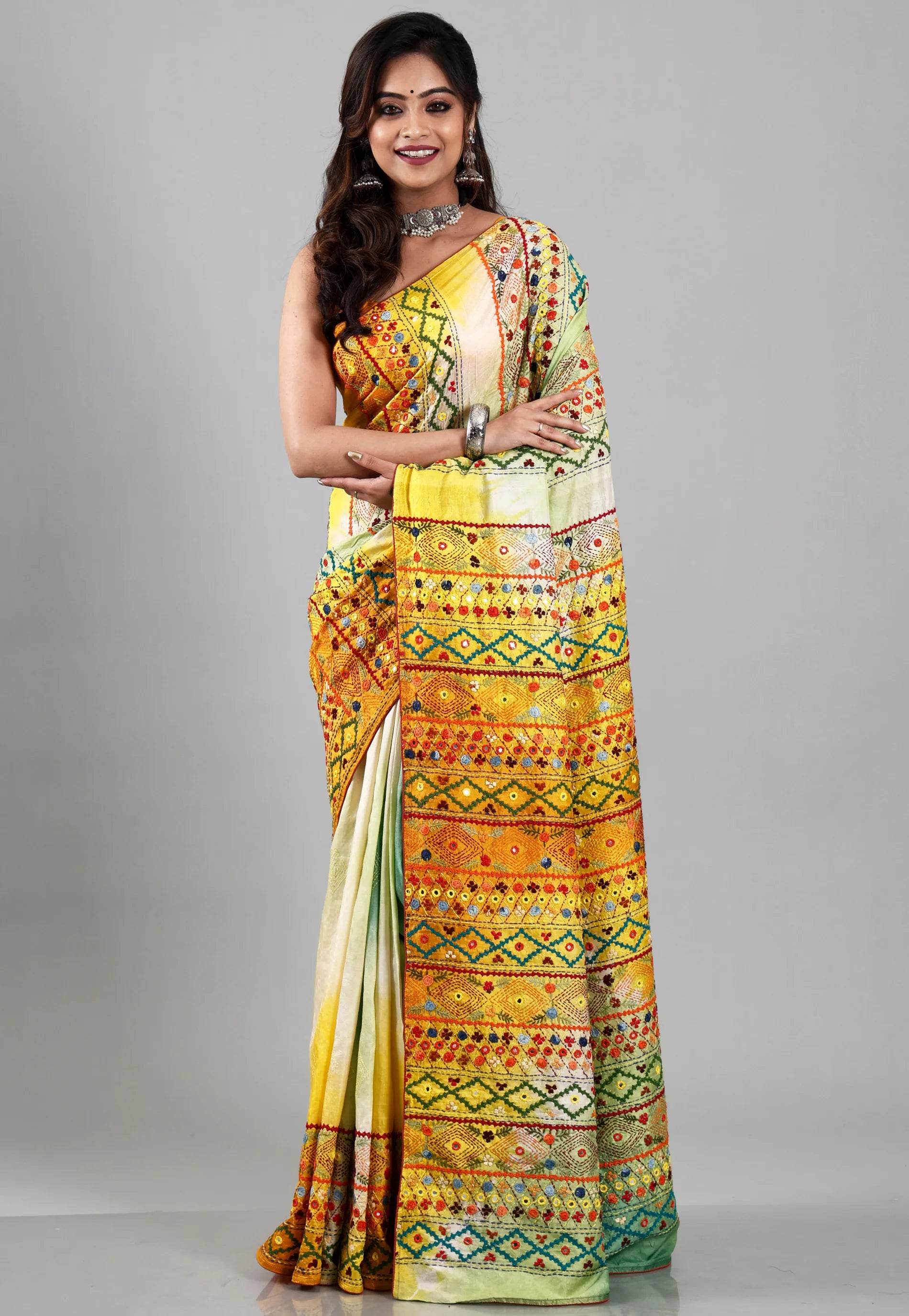 Shaded Colour Pure Tussar Silk Kantha Saree With Blouse Piece - Adi Akshoy & Co.
