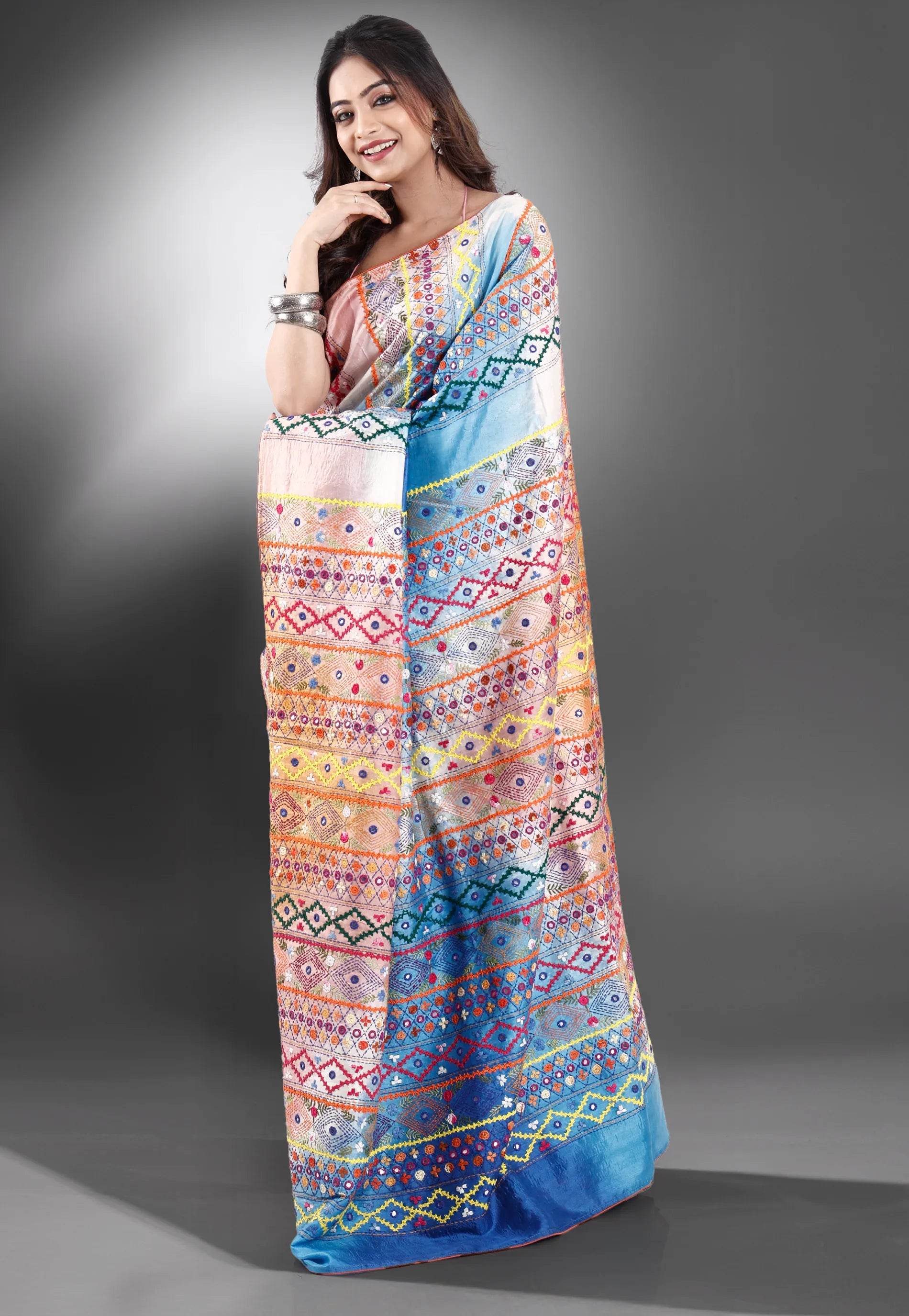 Shaded Colour Pure Tussar Silk Kantha Saree With Blouse Piece - Adi Akshoy & Co.