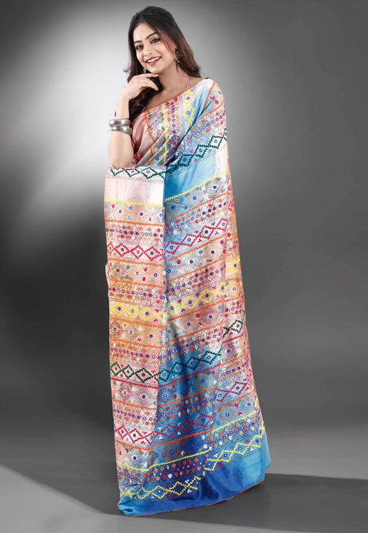 Shaded Colour Pure Tussar Silk Kantha Saree With Blouse Piece - Adi Akshoy & Co.