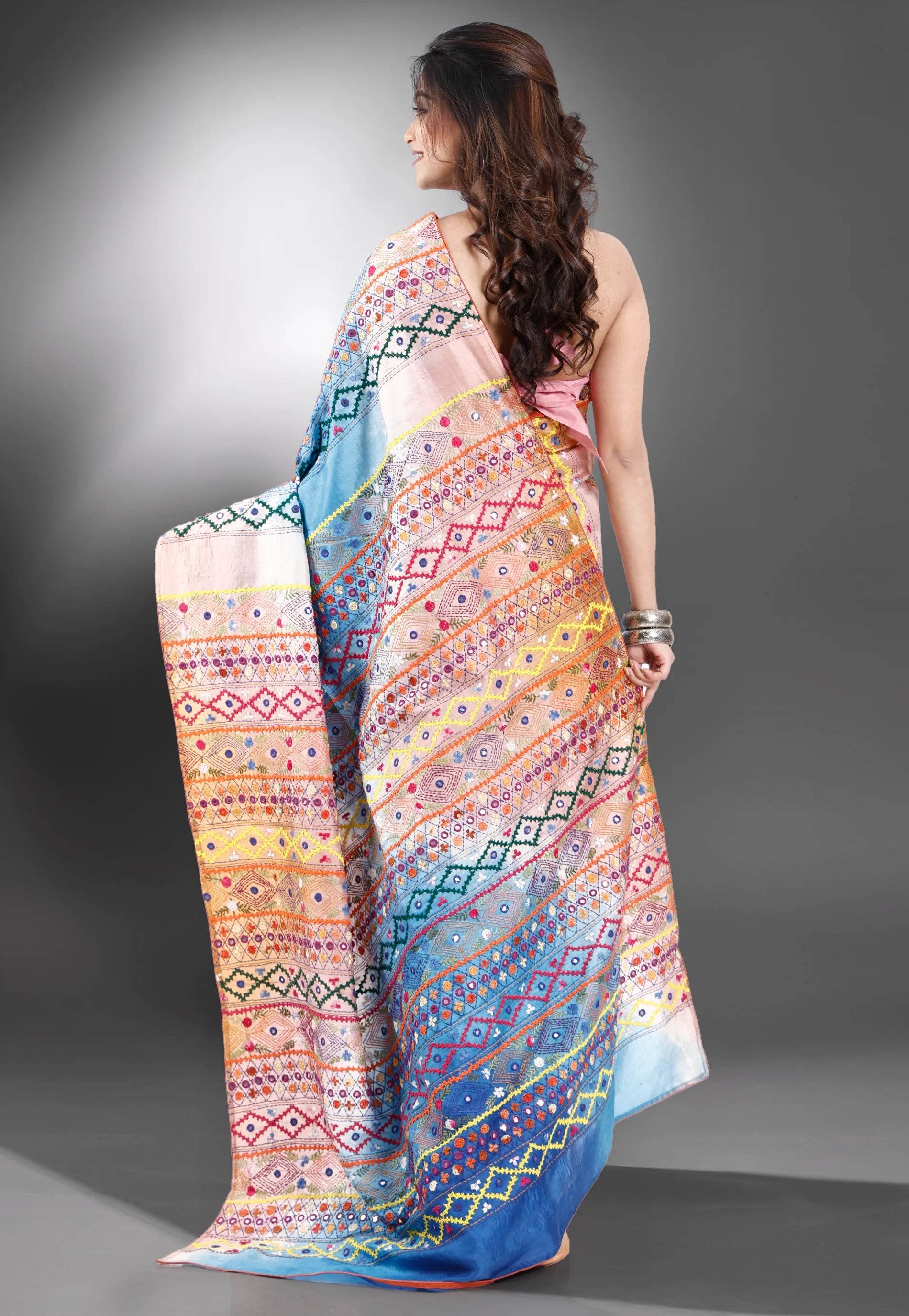 Shaded Colour Pure Tussar Silk Kantha Saree With Blouse Piece - Adi Akshoy & Co.