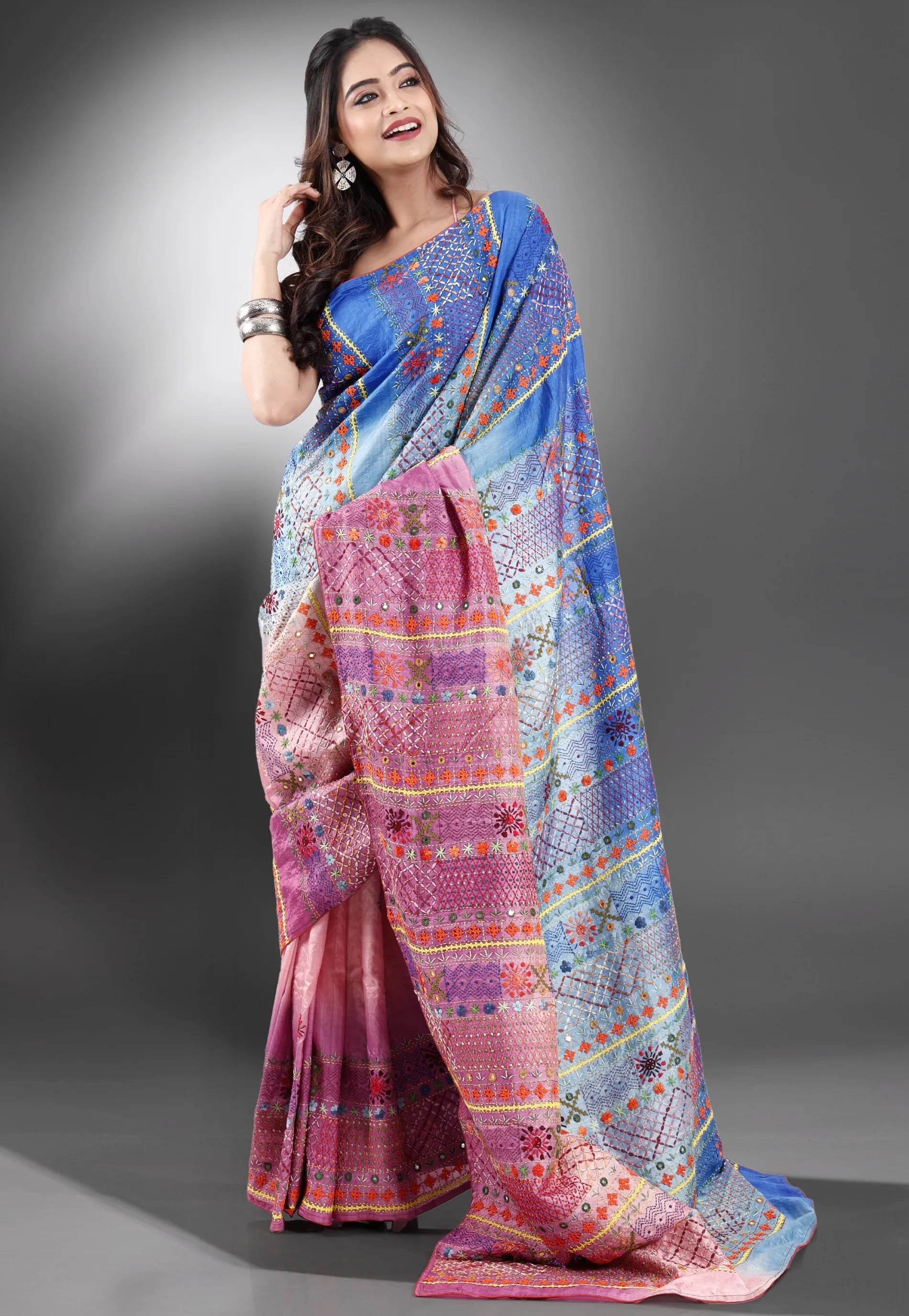 Shaded Colour Pure Tussar Silk Kantha Saree With Blouse Piece - Adi Akshoy & Co.