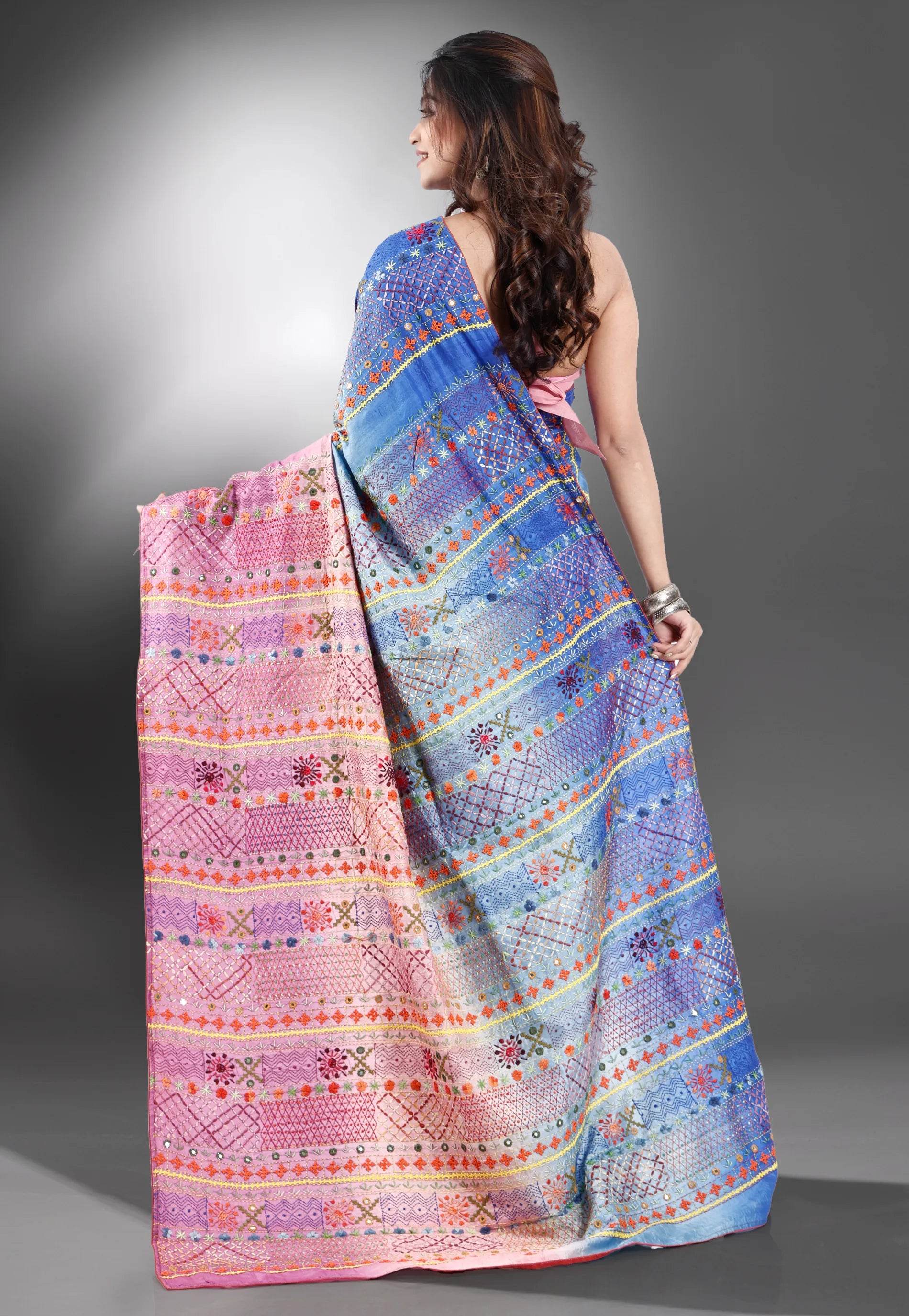 Shaded Colour Pure Tussar Silk Kantha Saree With Blouse Piece - Adi Akshoy & Co.