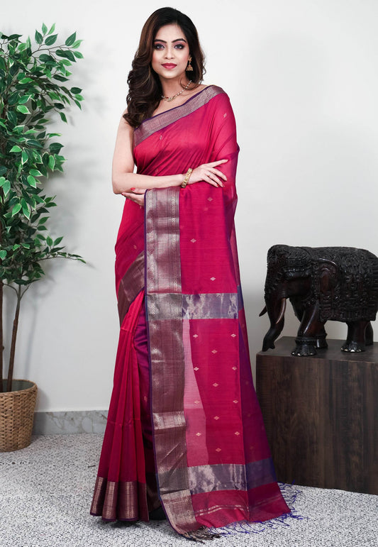 Magenta Sico Handloom Saree With Blouse Piece - Adi Akshoy & Co.