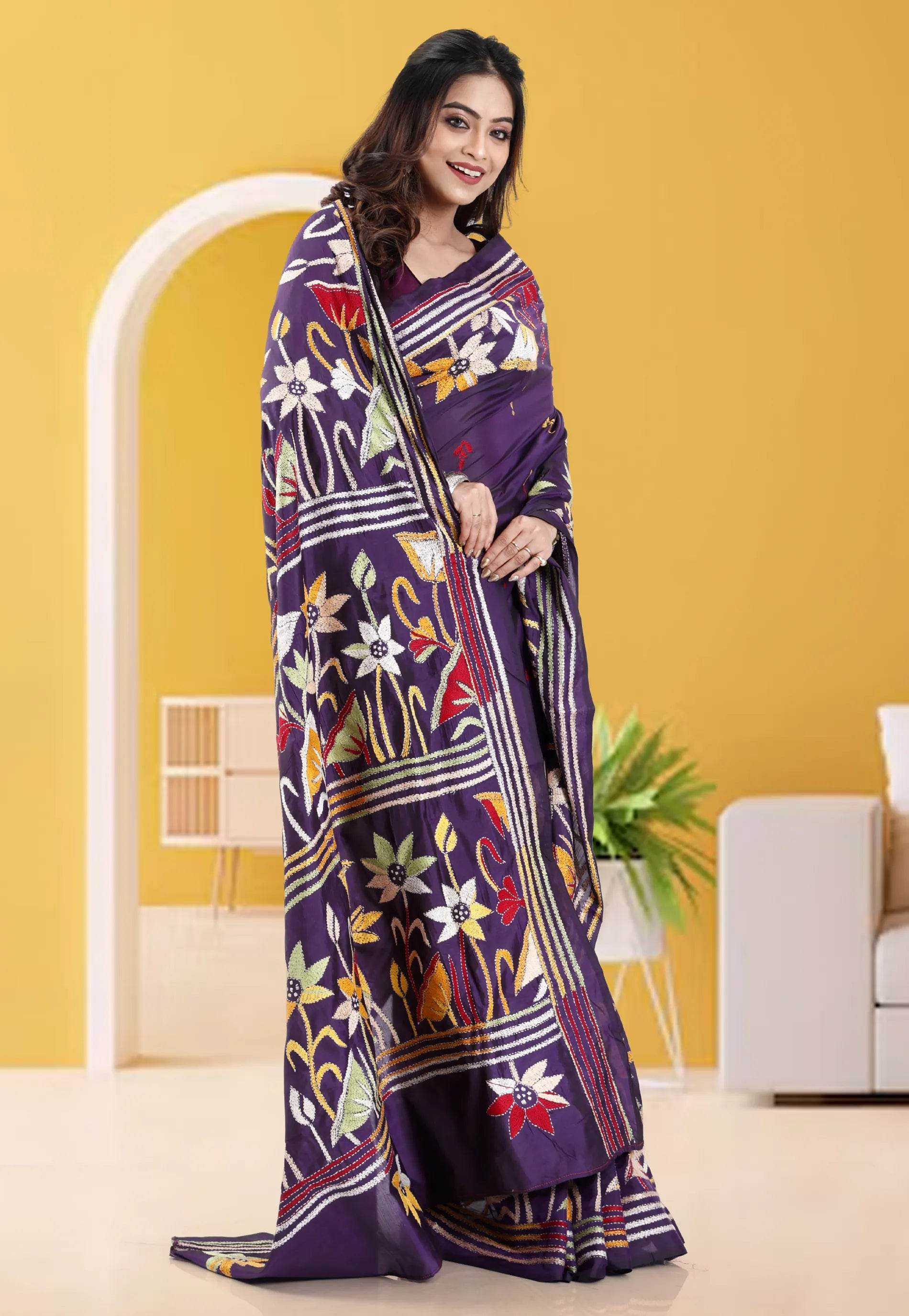Purple Blended Silk Kantha Saree With Blouse Piece - Adi Akshoy & Co.